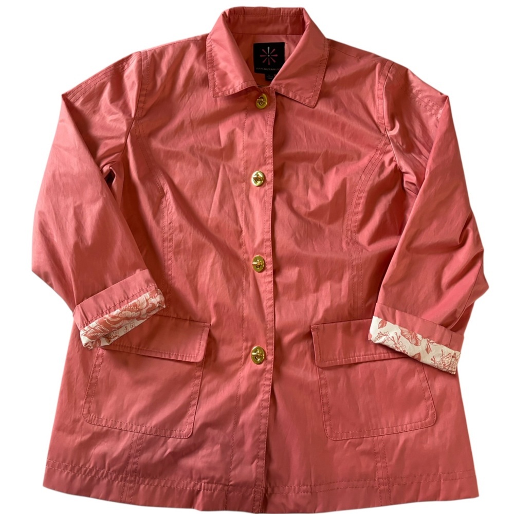 Isaac Mizrahi Live Coral Utility Jacket Floral Lined Gold Button L